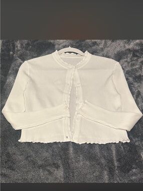 White Ribbed Button-Front Cardigan Sweater